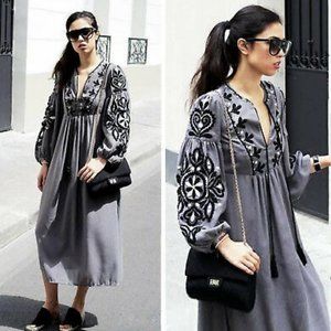 Zara Woman Grey Embroidered Long Sleeves Maxi Dre… - image 1